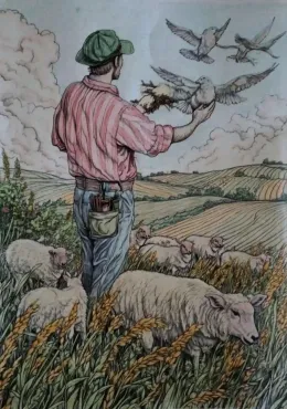 Coloriage paysage pour adulte mis en couleur - Berger aux Champs avec techniques aquarelle