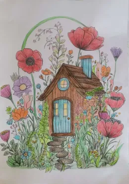 Coloriage fantaisie adulte terminé - Maisonnette Fleurie colorié aux crayons