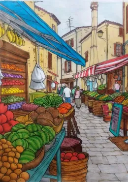 Exemple de coloriage urbain pour adulte - Marché Provençal colorié aux feutres