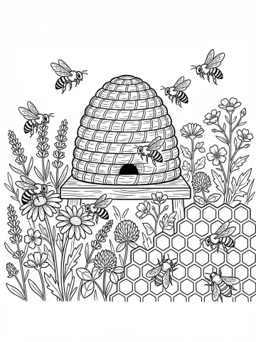 Coloriage d'abeilles autour d'une ruche et de fleurs sauvages