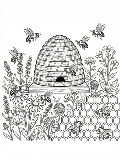 Bees and Beehive free online coloring page