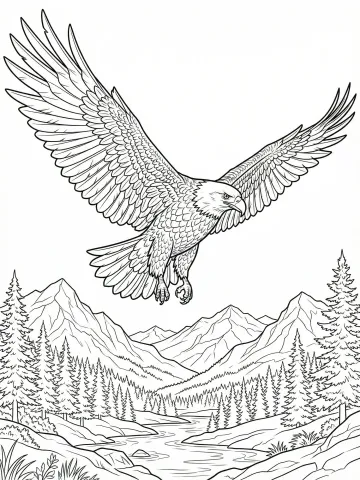 Coloriage d'un aigle royal en vol au-dessus des montagnes et des sapins