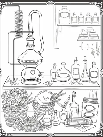 Coloriage d'un atelier de parfumeur avec flacons et fleurs séchées