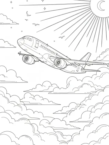 Coloriage d'un avion volant dans les nuages