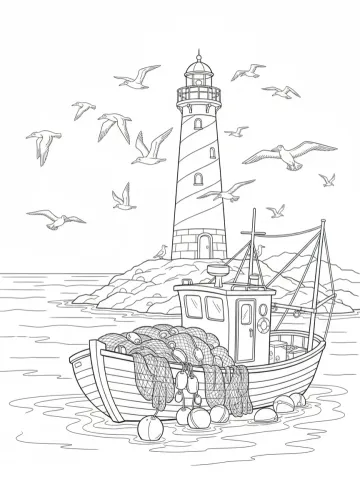 Coloriage d'un bateau de pêche près d'un phare