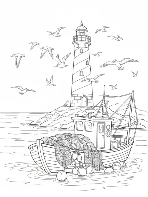 Fishing Boat and Lighthouse free online coloring page