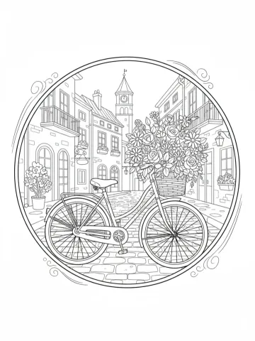 Coloriage d'une bicyclette rétro avec un panier de fleurs