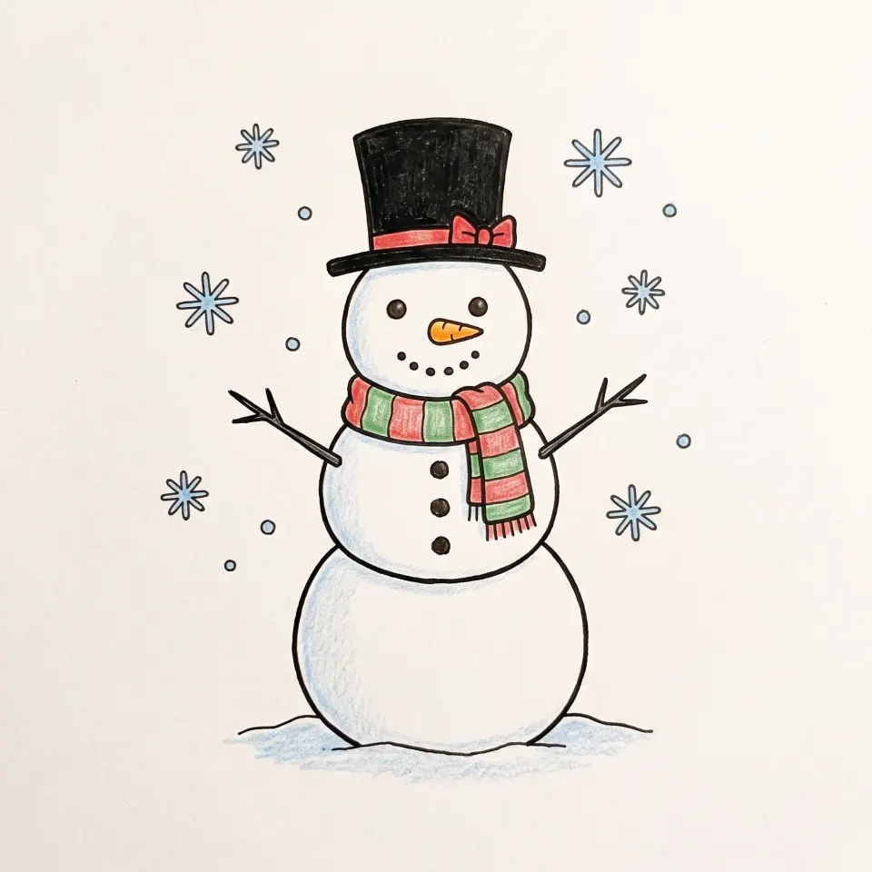 Dessin de bonhomme de neige facile avec chapeau haut-de-forme noir, écharpe rayée rouge et verte, nez en carotte, bras en branches et flocons autour
