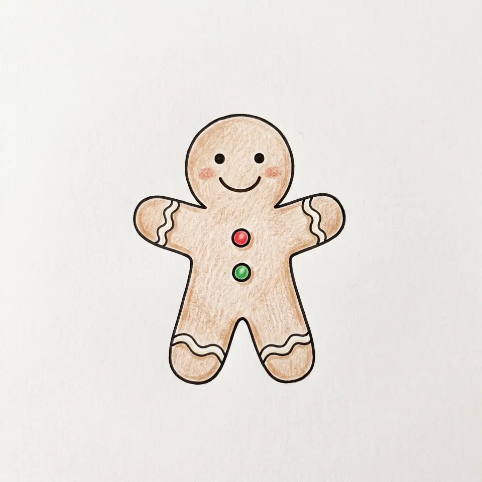 Dessin de bonhomme en pain d'épice souriant, couleur biscuit, avec des lignes de glaçage blanc ondulées sur les bras et les jambes et deux boutons rouge et vert