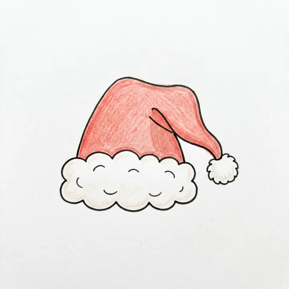 Dessin de bonnet de Noël rouge dont la pointe retombe sur le côté, avec une bordure de fourrure blanche en nuage et un pompon blanc