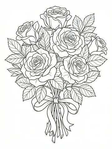 Coloriage d'un bouquet de roses noué d'un ruban