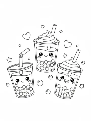 Coloriage de trois bubble tea kawaii avec perles de tapioca