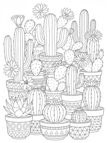 Coloriage de cactus et succulentes dans des pots décoratifs