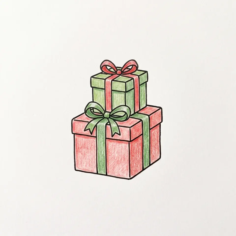 Dessin de deux cadeaux de Noël empilés en relief, une grande boîte rouge avec un ruban vert et une petite boîte verte avec un ruban rouge, chacune avec un nœud