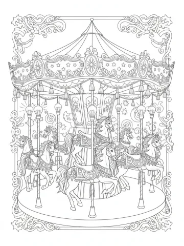 Coloriage d'un carrousel de fête foraine avec chevaux ornementés