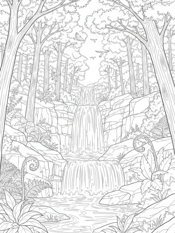 Coloriage d'une cascade en forêt entre rochers et fougères