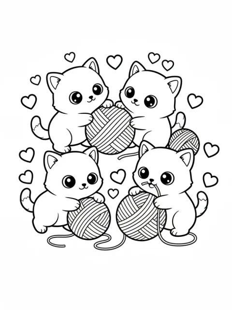 Kawaii Kittens and Yarn Balls free online coloring page