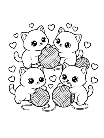 Coloriage de chatons kawaii jouant avec des pelotes de laine