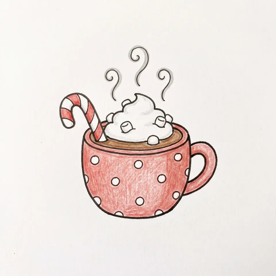 Dessin de tasse de chocolat chaud rouge à pois blancs, avec de la chantilly, des guimauves, un sucre d'orge et trois volutes de vapeur
