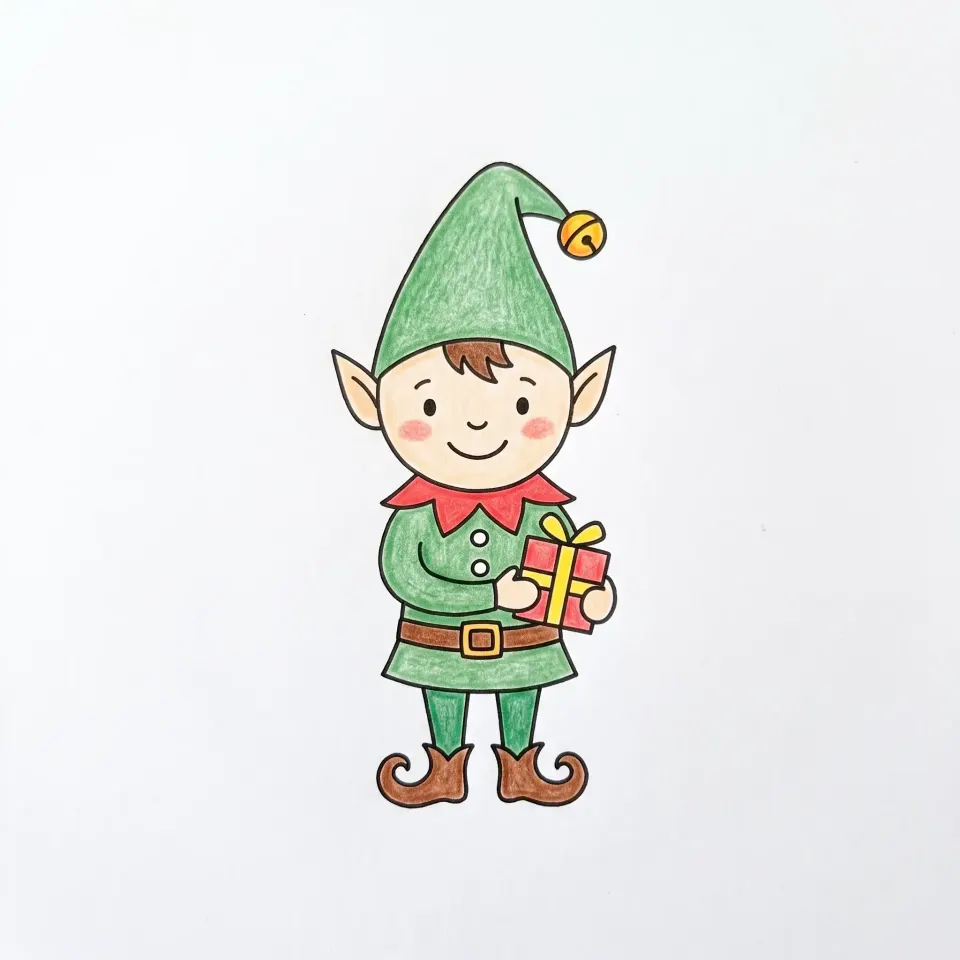 Easy Christmas elf drawing with a pointy green hat with a bell, pointed ears, green tunic with a red collar and a small gift in its hands