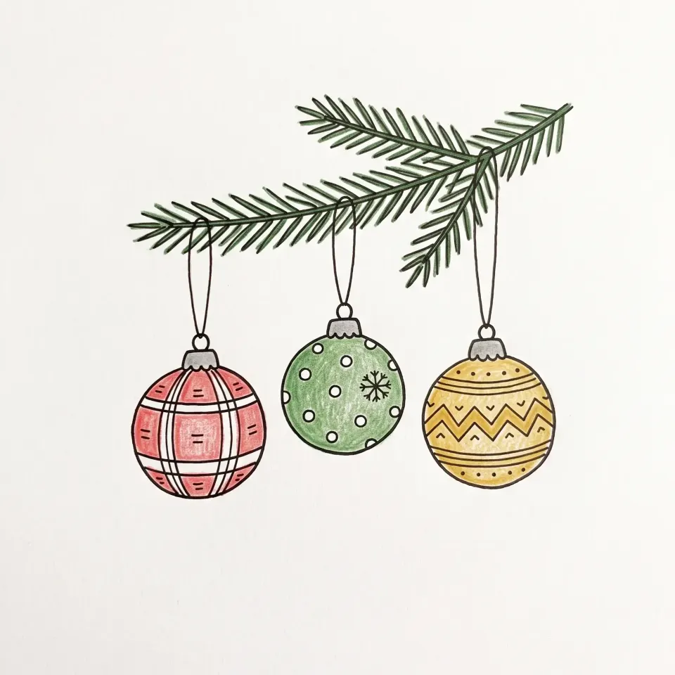 Drawing of three Christmas ornaments hanging from a pine branch: a red plaid one, a green one with dots and a snowflake, and a gold one with zigzags