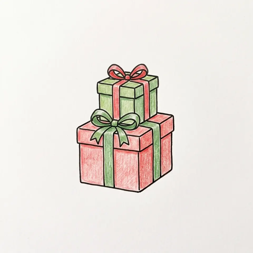 Drawing of two stacked Christmas gift boxes in 3D, a large red box with a green ribbon and a small green box with a red ribbon, each with a bow