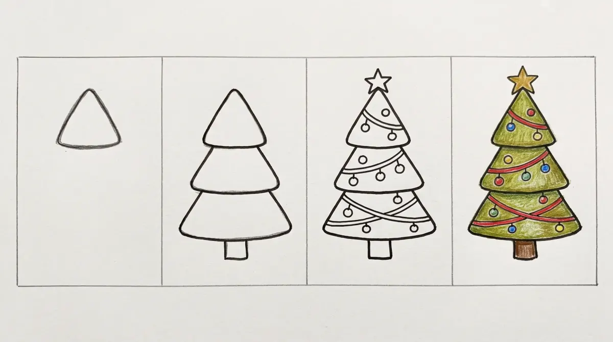 Christmas tree drawing step by step in four panels: a rounded triangle, three stacked triangles with a trunk, the star, garland and ornaments, then the tree colored with colored pencils
