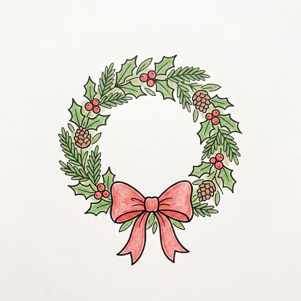 Christmas wreath drawing made of holly leaves and pine branches, with red berries, pine cones and a large red bow at the bottom