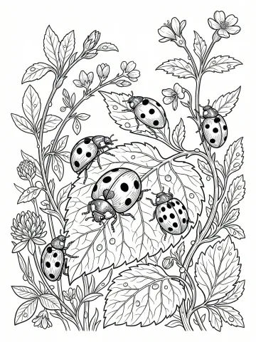 Coloriage de coccinelles sur des feuilles et des fleurs
