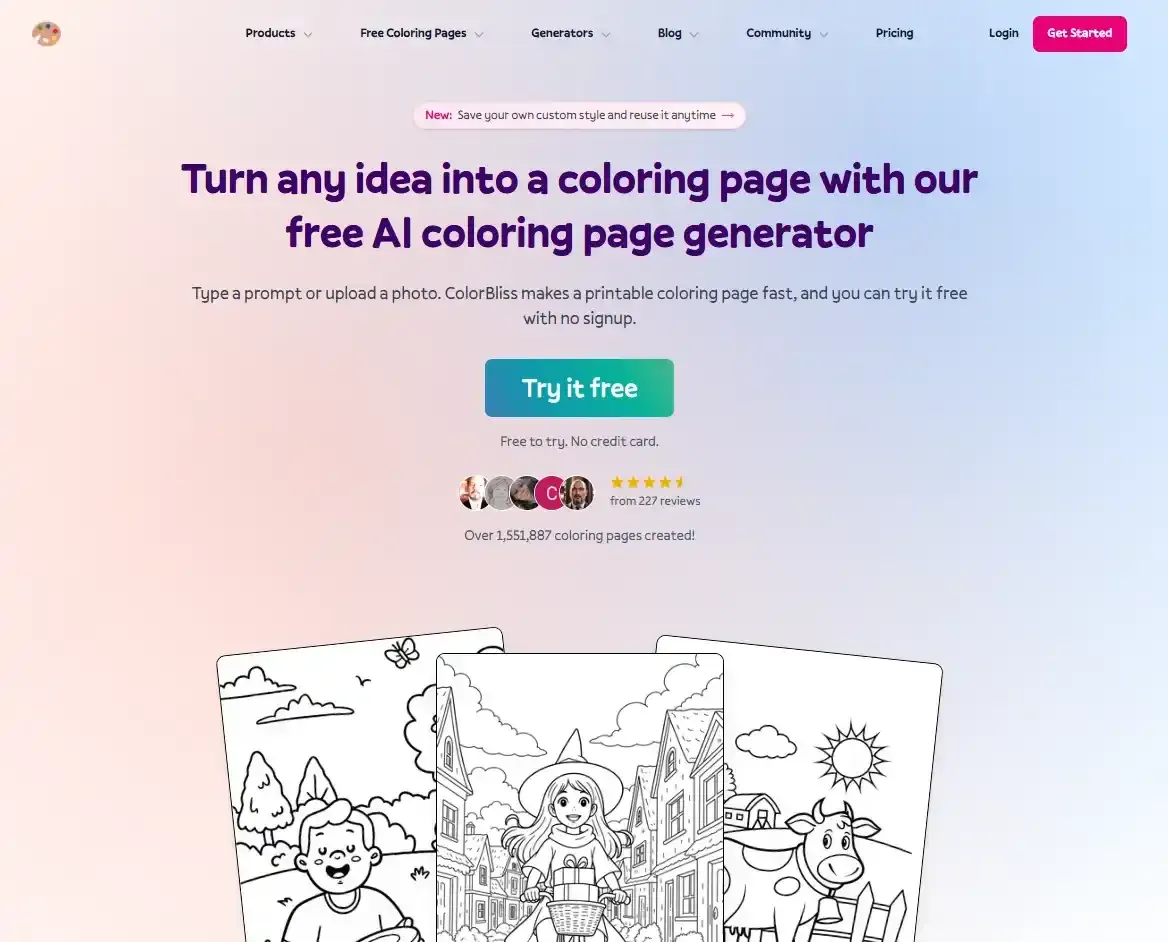 ColorBliss homepage — AI coloring page generator