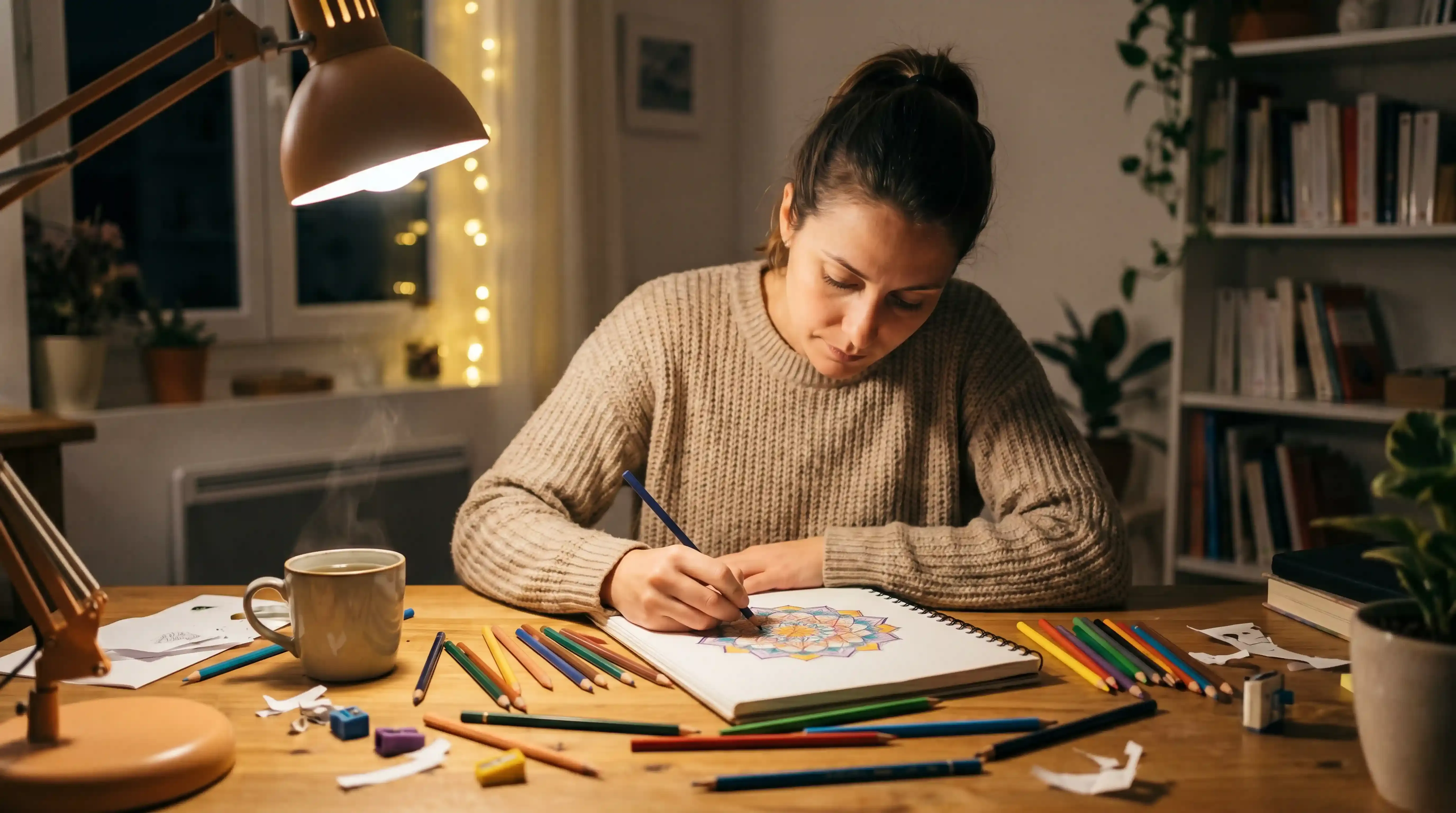 Femme adulte coloriant un mandala anti-stress le soir à la lumière d'une lampe, ambiance cosy et apaisante