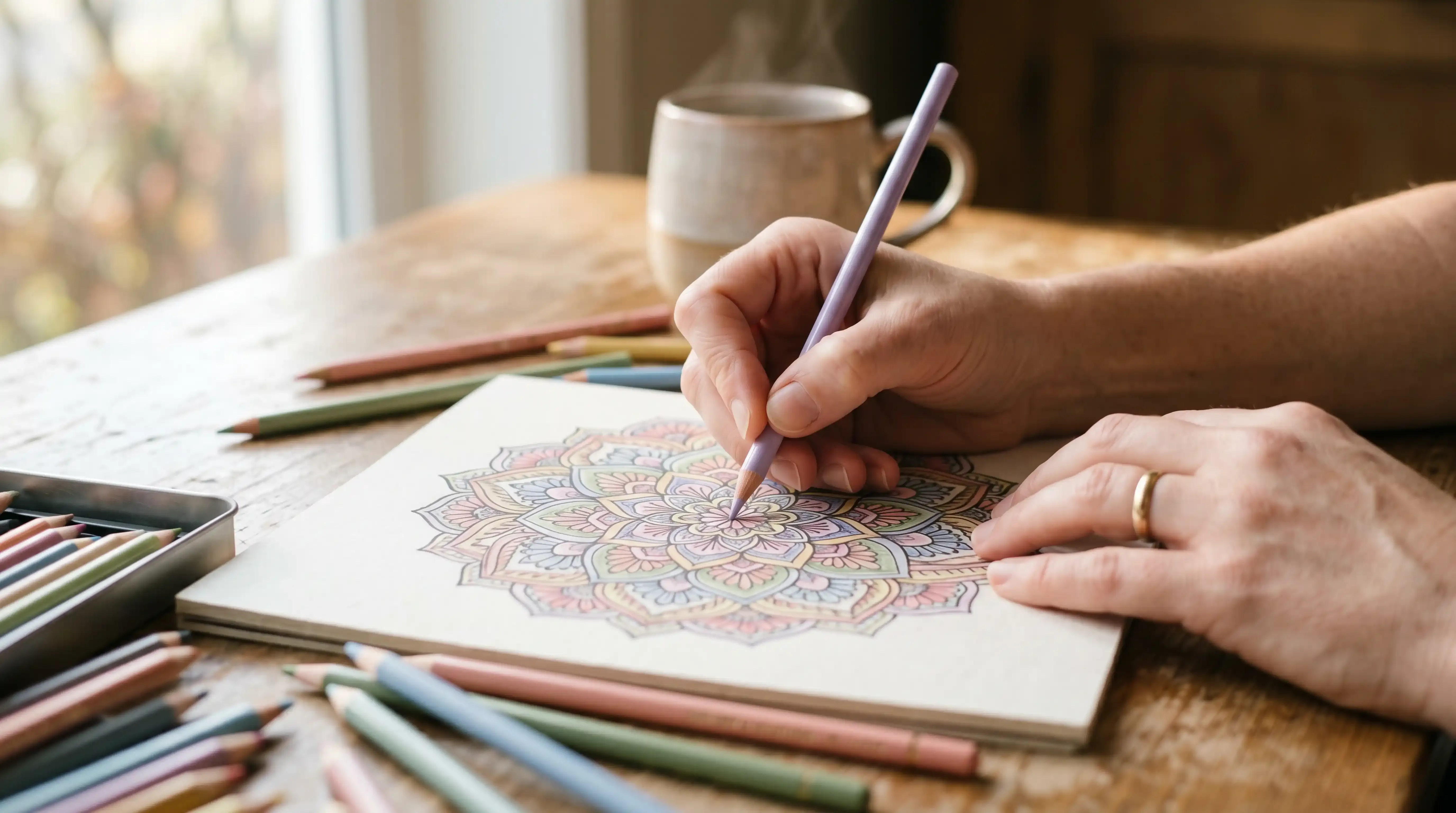 Gros plan sur les mains d'une adulte coloriant un mandala avec des crayons de couleur pastel — coloriage anti-stress sans talent requis