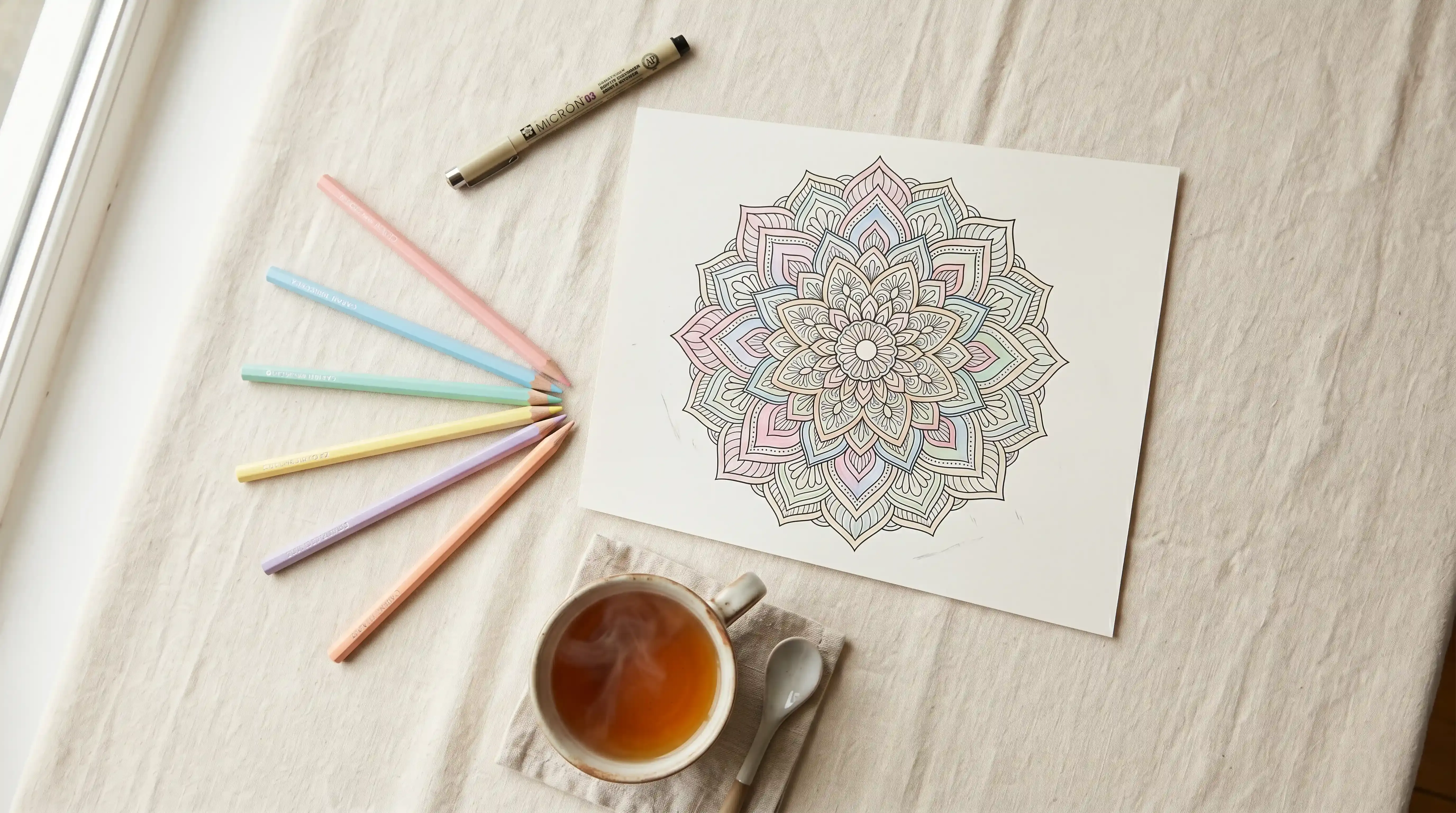 Matériel de coloriage adulte débutant : page mandala à imprimer, crayons de couleur pastel et tisane — tout ce qu'il faut pour commencer le coloriage anti-stress ce soir