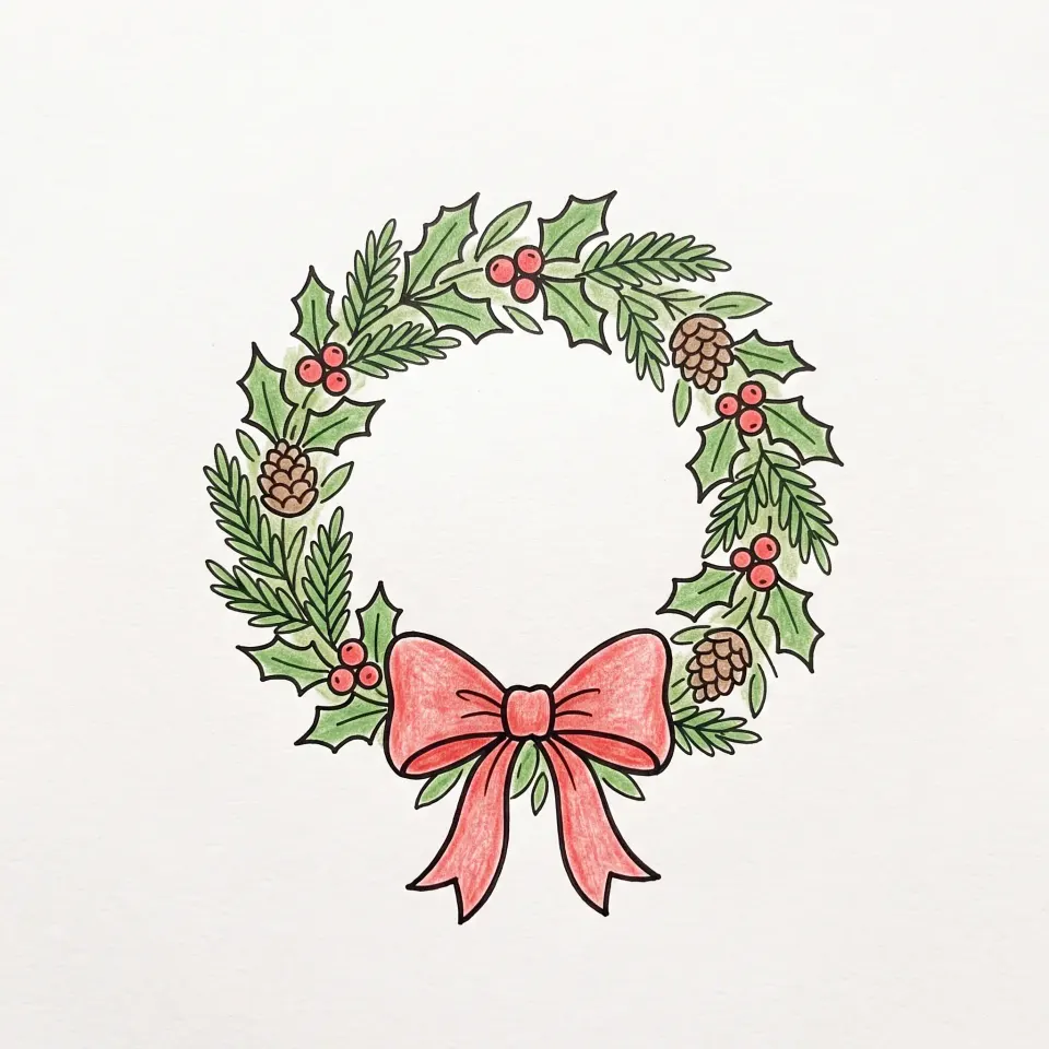 Dessin de couronne de Noël faite de feuilles de houx et de branches de sapin, avec des baies rouges, des pommes de pin et un grand nœud rouge en bas