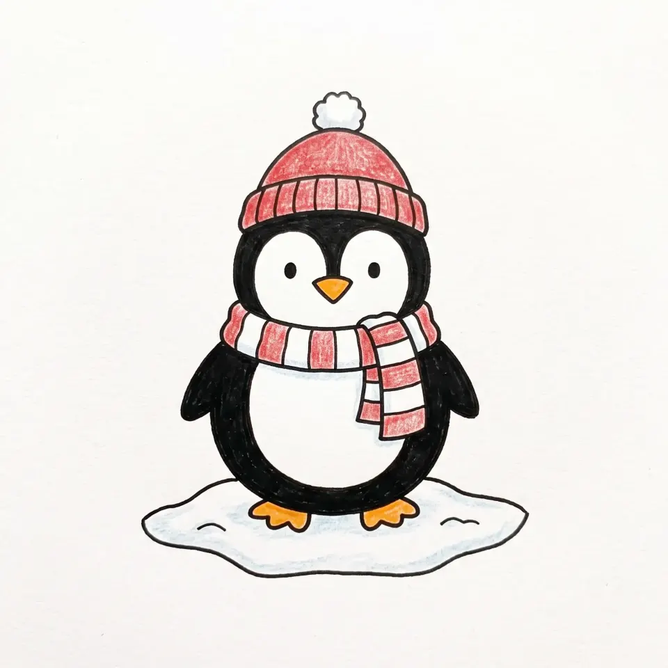 Easy cute penguin drawing with a red beanie and pom-pom, red and white striped scarf, orange beak and feet, standing on snow