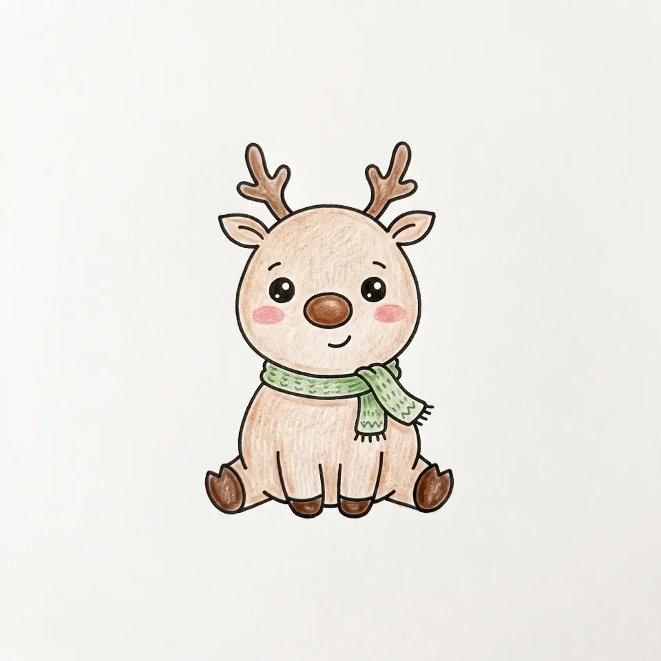 Easy cute reindeer drawing, sitting, with small antlers, a big brown nose, pink cheeks and a green scarf
