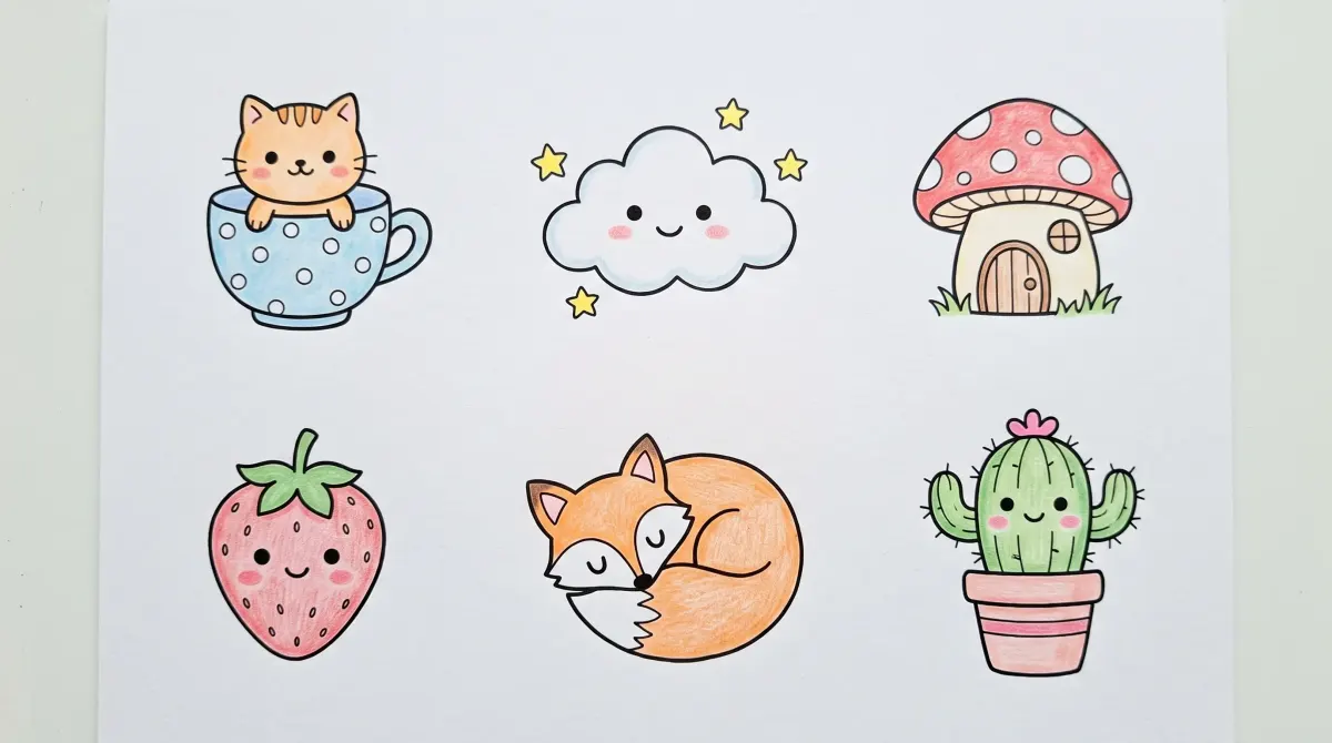 Six cute drawings colored with colored pencils: a cat in a polka-dot teacup, a smiling cloud surrounded by stars, a mushroom house, a strawberry with a face, a sleeping fox and a potted cactus with pink cheeks