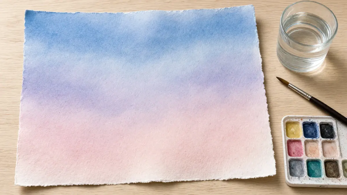 Lavis d'aquarelle en dégradé du bleu au rose pâle qui évoque un ciel, à côté d'un pinceau, d'un verre d'eau et d'une palette d'aquarelle
