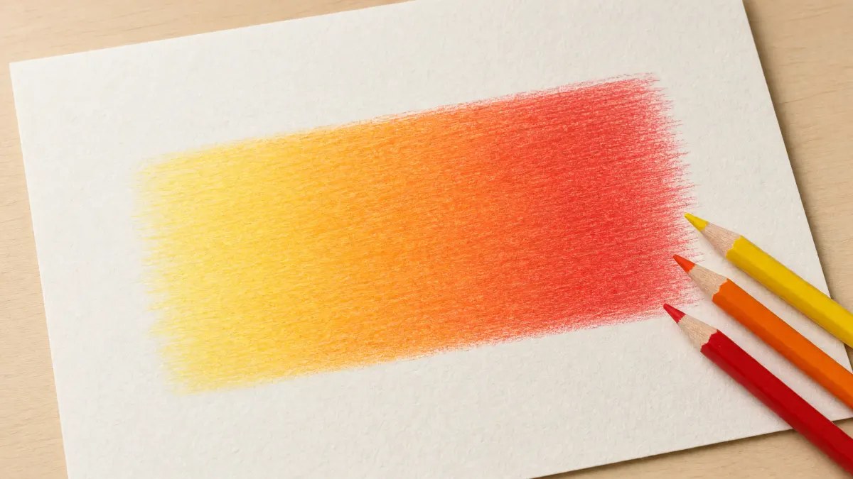Dégradé de couleur du jaune au rouge en passant par l'orange, réalisé aux crayons de couleur sur papier blanc, avec trois crayons posés à côté