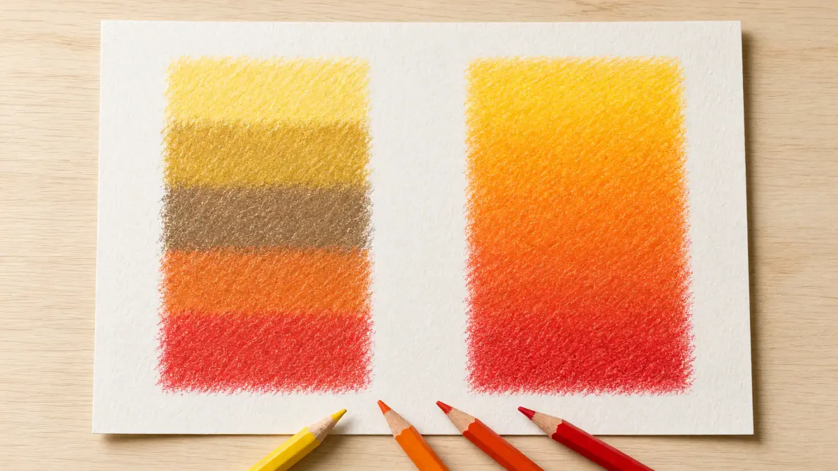 Deux dégradés aux crayons de couleur côte à côte : à gauche, des bandes nettes et un milieu brun ; à droite, un dégradé bien fondu du jaune au rouge