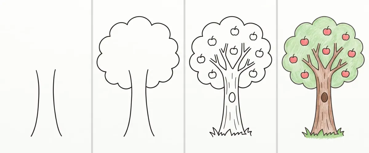 Dessin d’arbre facile en 4 étapes : le tronc, le feuillage en nuage, les branches, les pommes et l’herbe, puis le pommier colorié en vert, brun et rouge