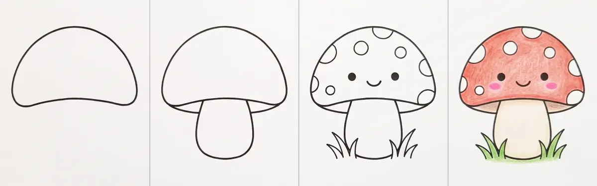 Dessin de champignon facile en 4 étapes : le chapeau en dôme, le pied, les pois, le visage et l’herbe, puis le champignon rouge à pois blancs colorié