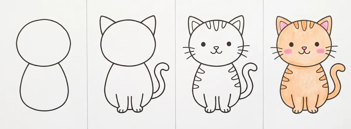 Dessin de chat facile en 4 étapes : un cercle sur un ovale, les oreilles, les pattes et la queue, le visage et les rayures, puis le chat roux colorié aux crayons de couleur