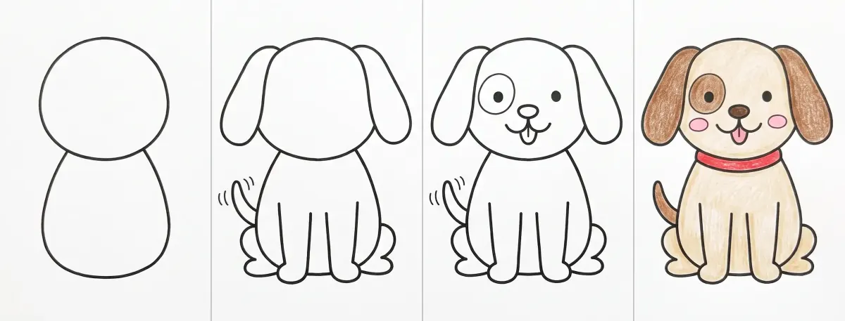 Dessin de chien facile en 4 étapes : un cercle sur un corps arrondi, les oreilles tombantes et les pattes, le visage avec une tache sur l’œil, puis le chiot beige et brun colorié avec un collier rouge