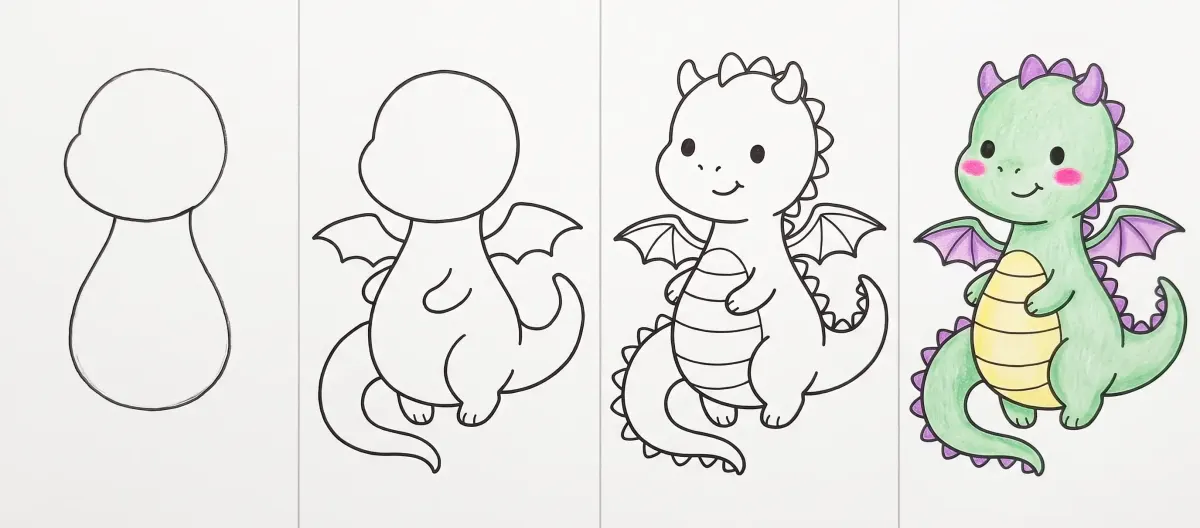 Dessin de dragon facile en 4 étapes : une tête ronde sur un corps en poire, les ailes, la queue et les pattes, les pics, le ventre rayé et le visage, puis le bébé dragon vert et violet colorié