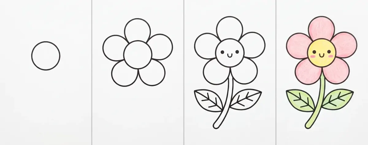 Dessin de fleur facile en 4 étapes : un cercle, six pétales ronds, le visage, la tige et les feuilles, puis la fleur rose au cœur jaune coloriée aux crayons de couleur