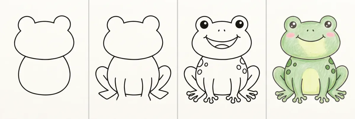 Dessin de grenouille facile en 4 étapes : une tête avec deux bosses sur un corps rond, les pattes repliées, les yeux, le sourire et les taches, puis la grenouille verte coloriée aux crayons de couleur