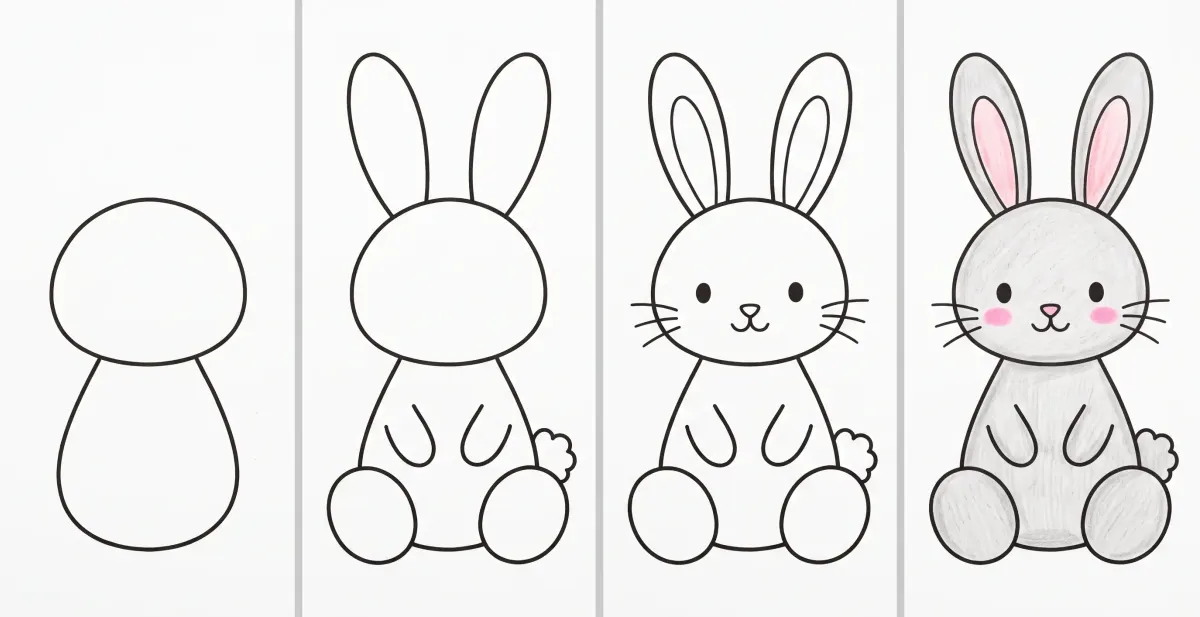 Dessin de lapin facile en 4 étapes : une tête ronde sur un corps en poire, les longues oreilles et les pattes, le visage et les moustaches, puis le lapin gris aux oreilles roses colorié aux crayons de couleur