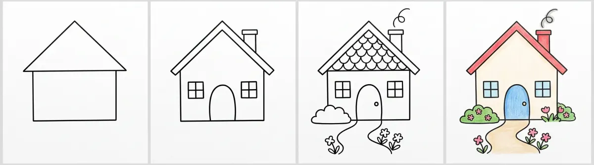 Dessin de maison facile en 4 étapes : un carré et un triangle, la porte, les fenêtres et la cheminée, les tuiles, le chemin et les fleurs, puis la maison au toit rouge et à la porte bleue coloriée