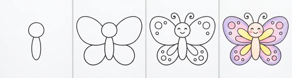 Dessin de papillon facile en 4 étapes : le corps et la tête, les quatre ailes symétriques, les antennes, le visage et les motifs, puis le papillon violet, rose et jaune colorié